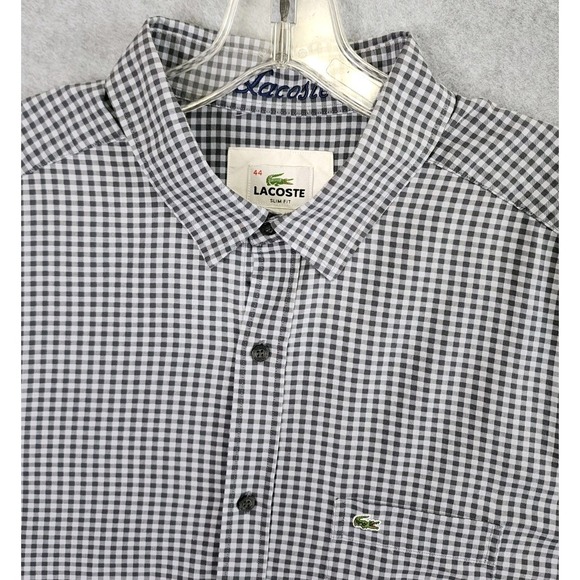 Lacoste Men's 44 XL Slim Fit Gingham Gray Plaid Long Sleeve Button Up Shirt - Picture 4 of 9